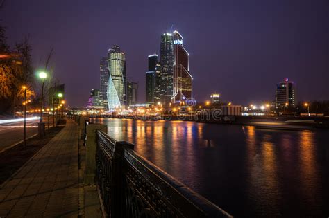 Picturesque Night View of the Moscow City Across the River Mosco Stock ...