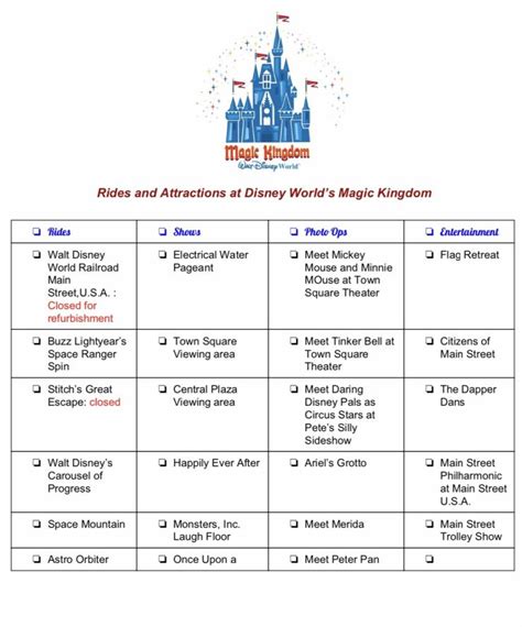 Printable List Of Disney World Attractions By Park