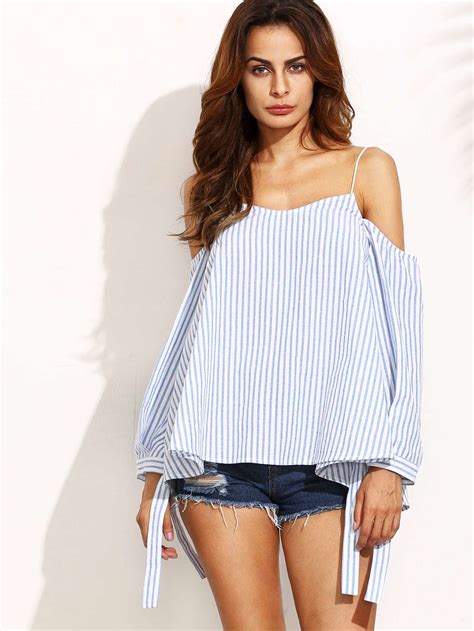 Blue Striped Cold Shoulder Spaghetti Strap Blouse -SheIn(Sheinside)