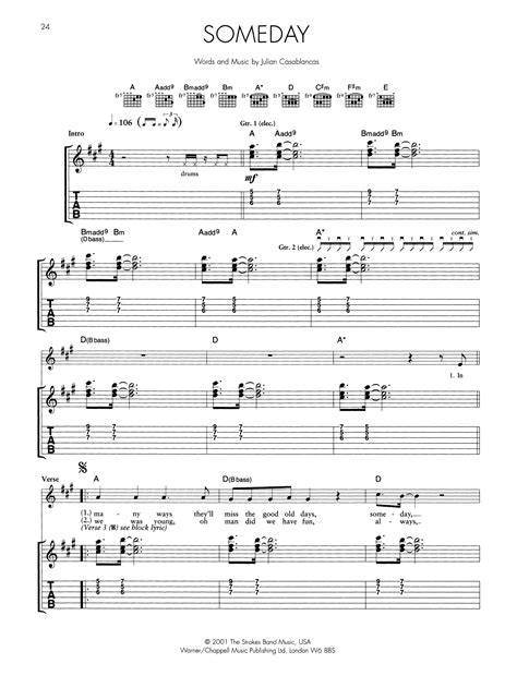 Someday by The Strokes Sheet Music for Guitar Tab at Sheet Music Direct