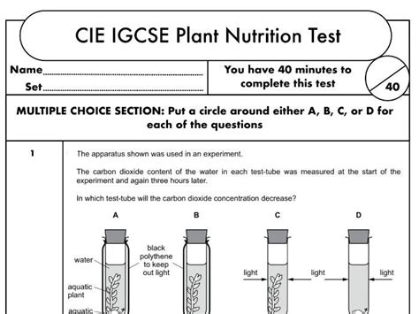 GCSE Biology Assessment on Plant Nutrition: Photosynthesis | Teaching ...