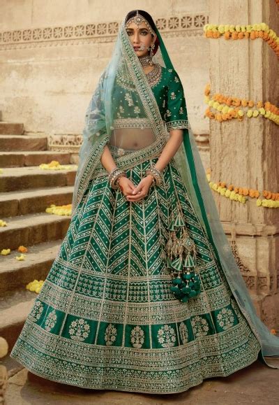 Green silk embroidered wedding lehenga choli 924C