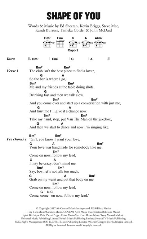 Shape Of You by Ed Sheeran Sheet Music for Guitar Chords/Lyrics at Sheet Music Direct