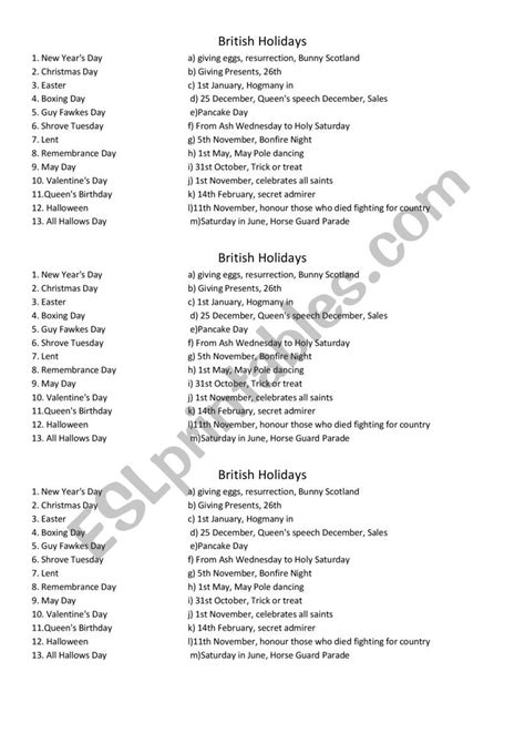 British Holidays - ESL worksheet by piesecza