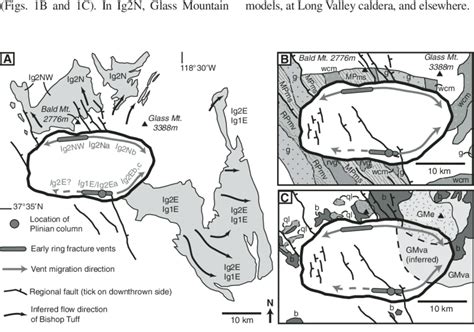 A: Map of Long Valley caldera and Bishop Tuff outcrop, with inferred ...