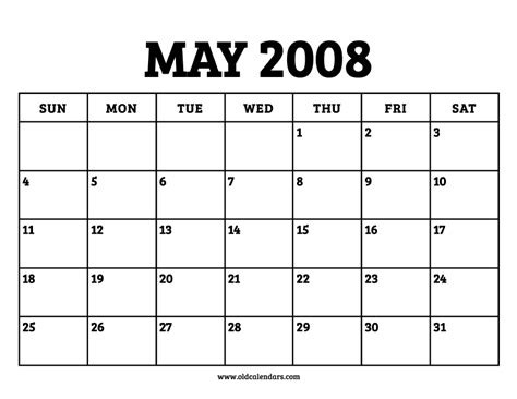 Calendar May 2008 – Printable Old Calendars