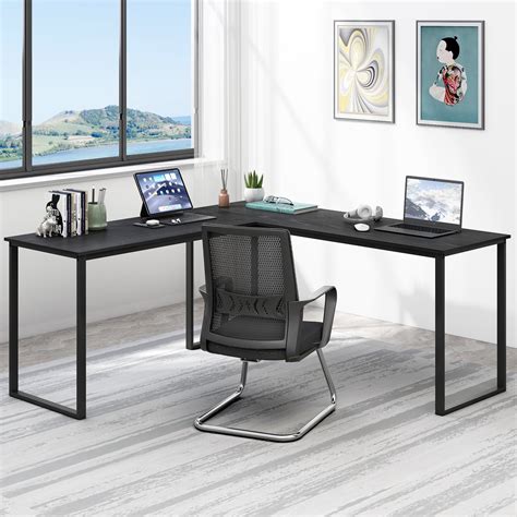 "SYNGAR L-Shaped Industrial Office Corner Desk, 58"" Study & Gaming Table, 2 Person Workstation ...