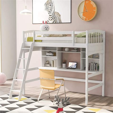 Churanty Twin size Loft Bed with Storage Shelves, Desk and Ladder, White - Walmart.com