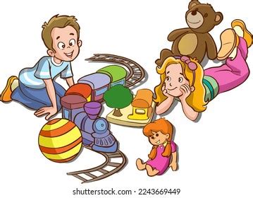 Cute Little Kids Playing Toys Cartoon Stock Vector (Royalty Free ...