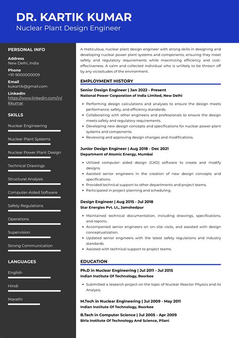 Sample Resume of Nuclear Plant Design Engineer with Template & Writing ...