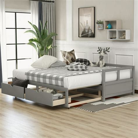 Twin Daybed with Trundle Bed and Two Storage Drawers, Wood Sofa Bed Frame with Pull Out Trundle ...