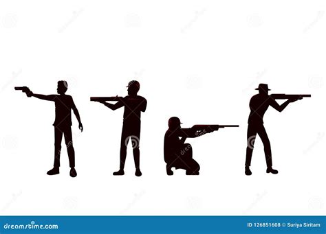 Silhouette Of Man Holding Gun In Difference Shooting Position. Vector Illustration ...