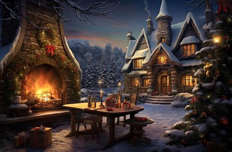 Premium Photo | A christmas scene with an outside fireplace in the ...