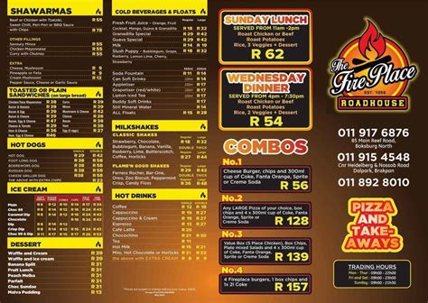 Menu at Fireplace Roadhouse restaurant, Edenvale, 100 Harris Ave