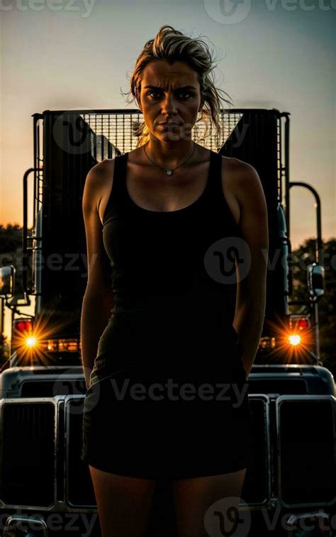 photo of truck driver with truck in background sunset scene generative ...