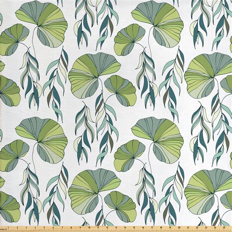 Asian Leaves Fabric by The Yard, Motifs of Foliage Water Lilies Composition in Green Shades ...