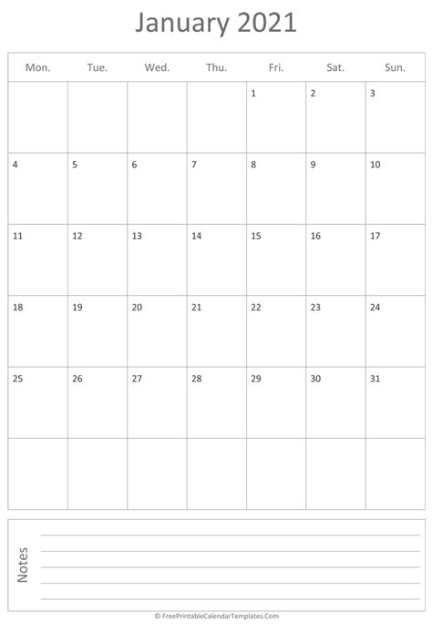 Printable January Calendar 2021 (vertical)