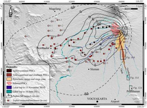 Map showing the 2010 PDC deposits on the southern flank of Merapi, and ...