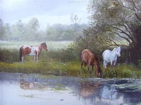 Antiques Atlas - River Landscape Oil Painting Wild Ponies Watering