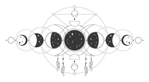 Magic moon phases, mystical sacred lunar phase. Occult astrology tattoo drawing with esoteric ...