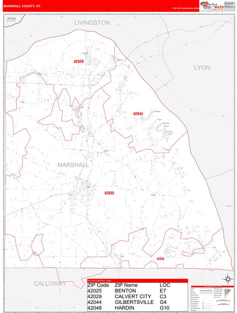 Marshall County, KY Zip Code Wall Map Red Line Style by MarketMAPS - MapSales.com