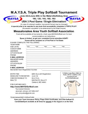 Fillable Online M.A.Y.S.A. Triple Play Softball Tournament Fax Email ...