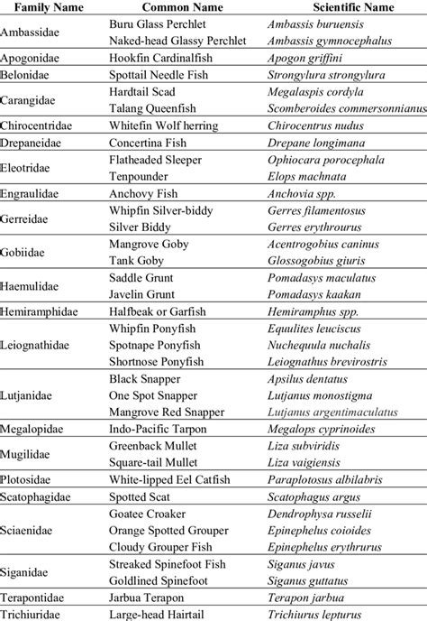 List of fish species captured in Marudu Bay mangrove and river ...