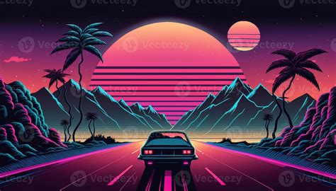 Generative AI, Retro car in retro style, nostalgic 80s, 90s. Night city landscape, sunset colors ...