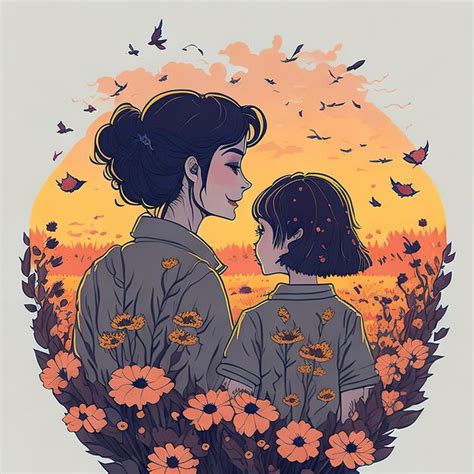 Premium AI Image | A drawing of a woman and a child looking at a sunset.