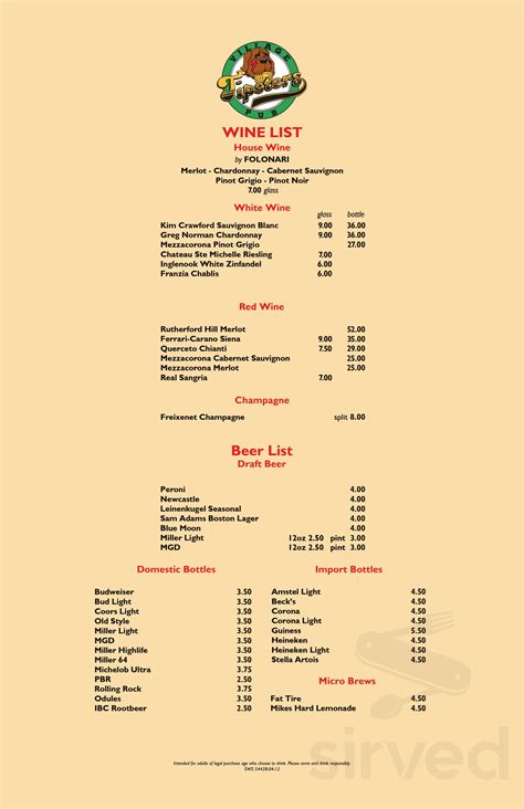 Tipsters Village Pub menu in North Riverside, Illinois, USA