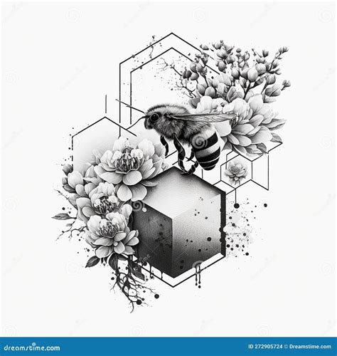 Bee with Flowers Tattoo Style White Background 1 Stock Illustration ...