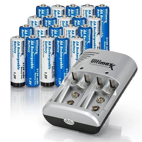 Ultimaxx 3150 mAh Rechargeable AA Batteries, Double A Battery - 20 Pack with NiMH Charger ...