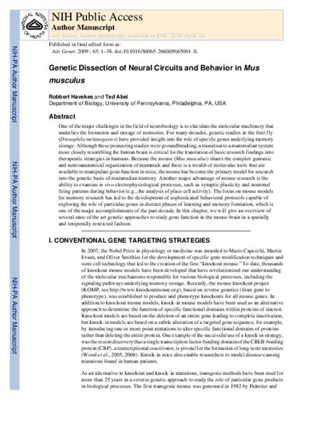 (PDF) Genetic dissection of neural circuits and behavior in Mus musculus | Robbert Havekes ...