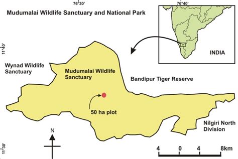 Map of Mudumalai Wildlife Sanctuary showing the location of 50 ha ...