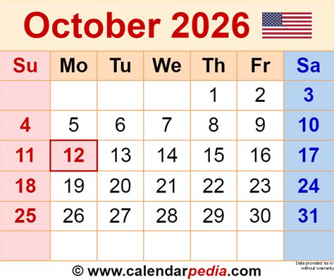 October 2026 Calendar | Templates for Word, Excel and PDF