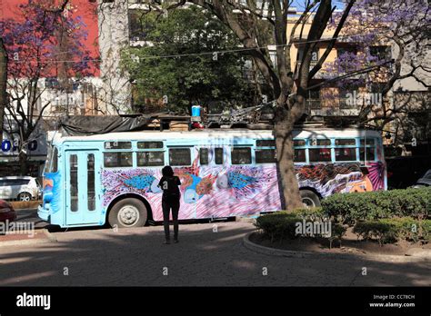 Street art bus, Colonia Condesa, La Condesa, trendy neighborhood, Mexico City, Mexico Stock ...
