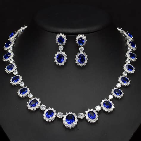 Big Royal Blue and Diamond CZ Floral Necklace Jewelry Set #FlipJewels #necklace #Brand #Big # ...