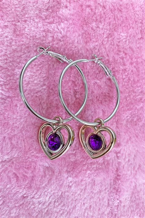 Y2k Heart Hoop Earrings Purple Rhinestone Rose Gold Cyber | Etsy