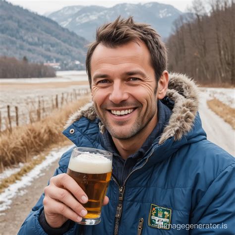 Smiling 50YearOld Man Enjoying Beer in Blue Winter Jacket amidst German Landscape | AI Image ...