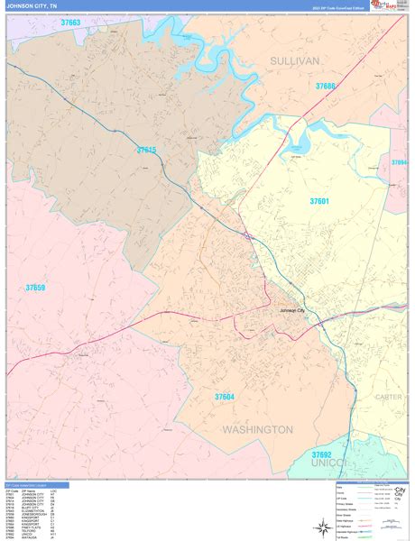 Johnson City Tennessee Wall Map (Color Cast Style) by MarketMAPS - MapSales