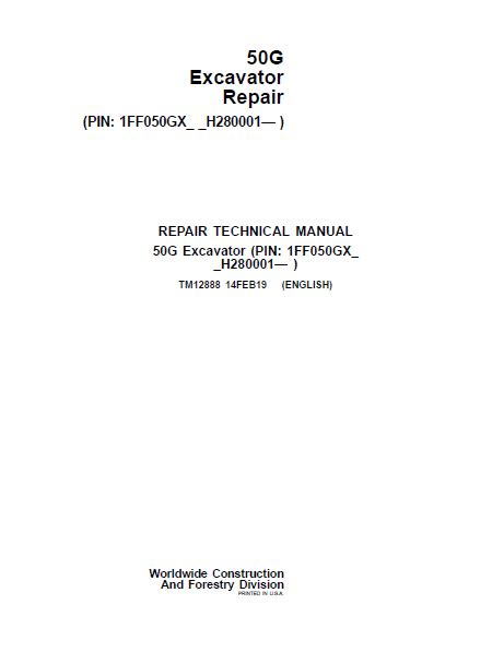 John Deere 50G Excavator Repair Technical Manual