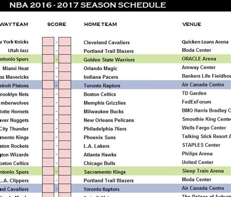 NBA Schedule 2016-17 Template