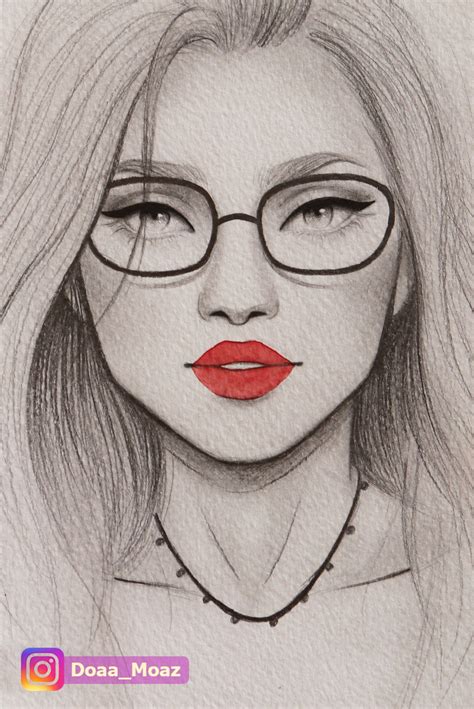 Pencil Portrait Drawing, Quick Girl Sketch With Glasses And Bold Red 789