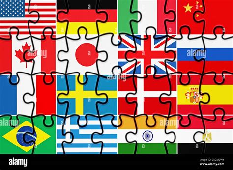 Country flags on jigsaw puzzle pieces. 3D illustration Stock Photo - Alamy