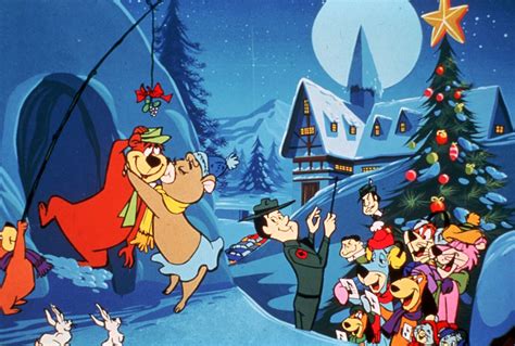 an animated christmas scene with many cartoon characters