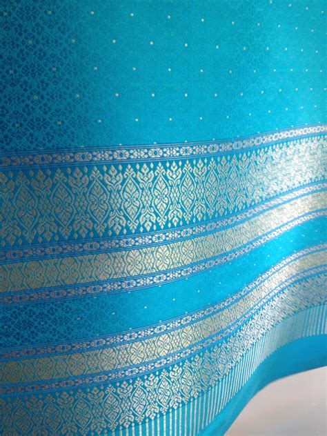 Thai silk Curtain Panel, Bright Sky Blue with Metallic bands at border Weaving Patterns, Textile ...