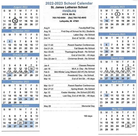 2022-2023 School Year Calendar - St. James Lutheran School