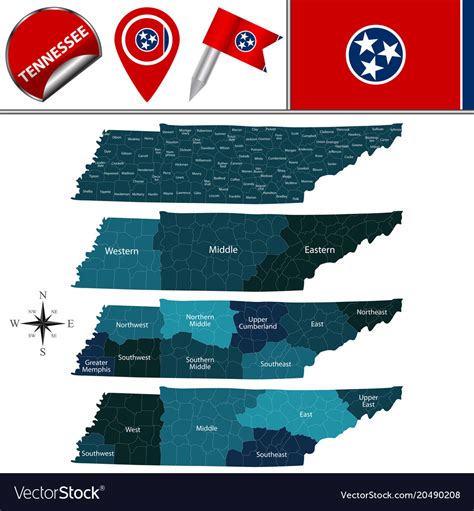 Map of tennessee with regions Royalty Free Vector Image