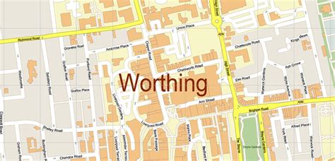 Worthing Area UK Map Vector City Plan High Detailed Street Map editable Adobe Illustrator in layers