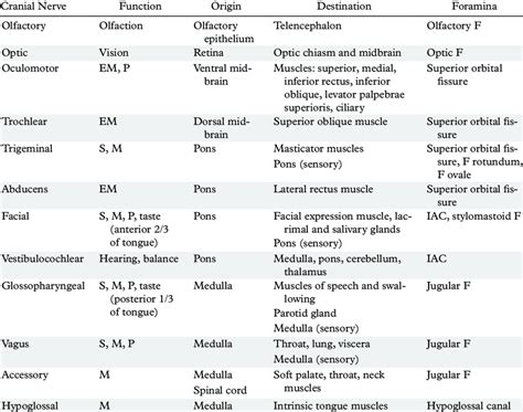 Cranial Nerves Table